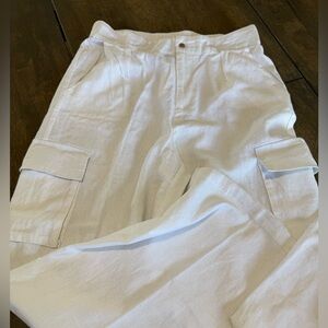 New M TAHARI Women’s White Linen Viscose Pants Beach Summer Trouser Pockets Elas